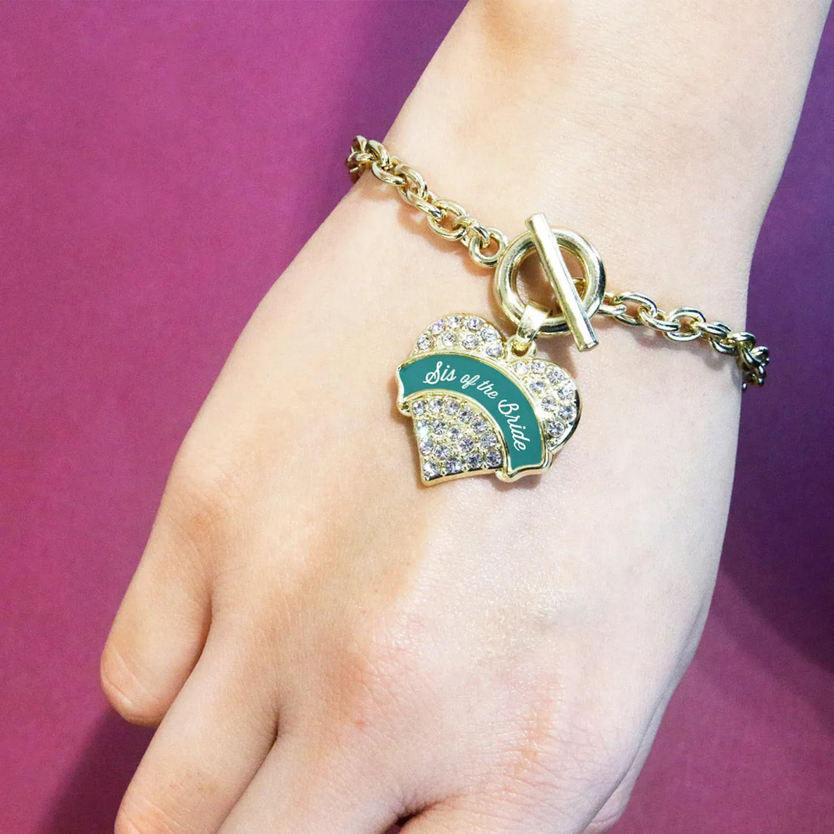 Gold Dark Teal Sis of Bride Pave Heart Charm Toggle Bracelet