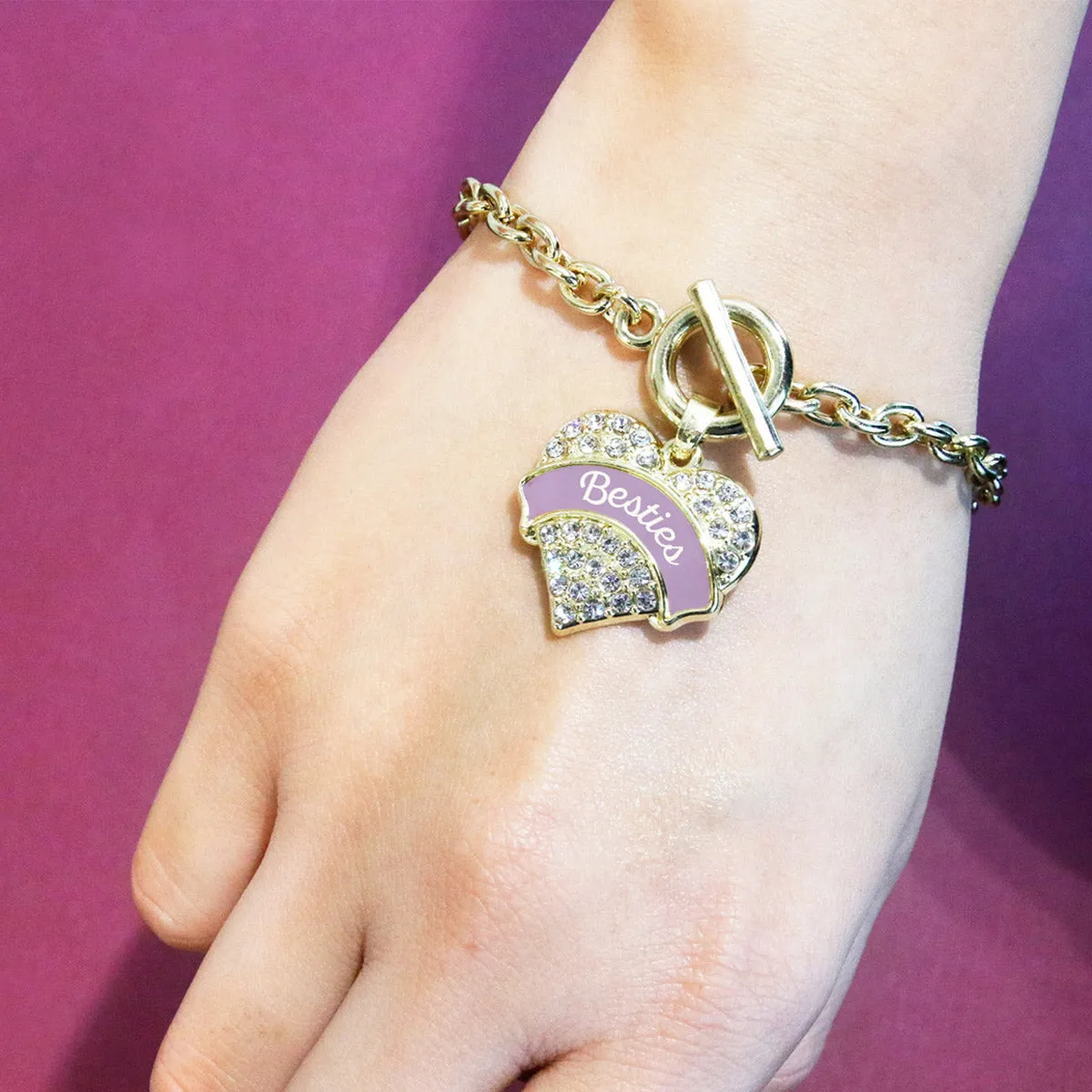 Gold Lavender Besties Pave Heart Charm Toggle Bracelet