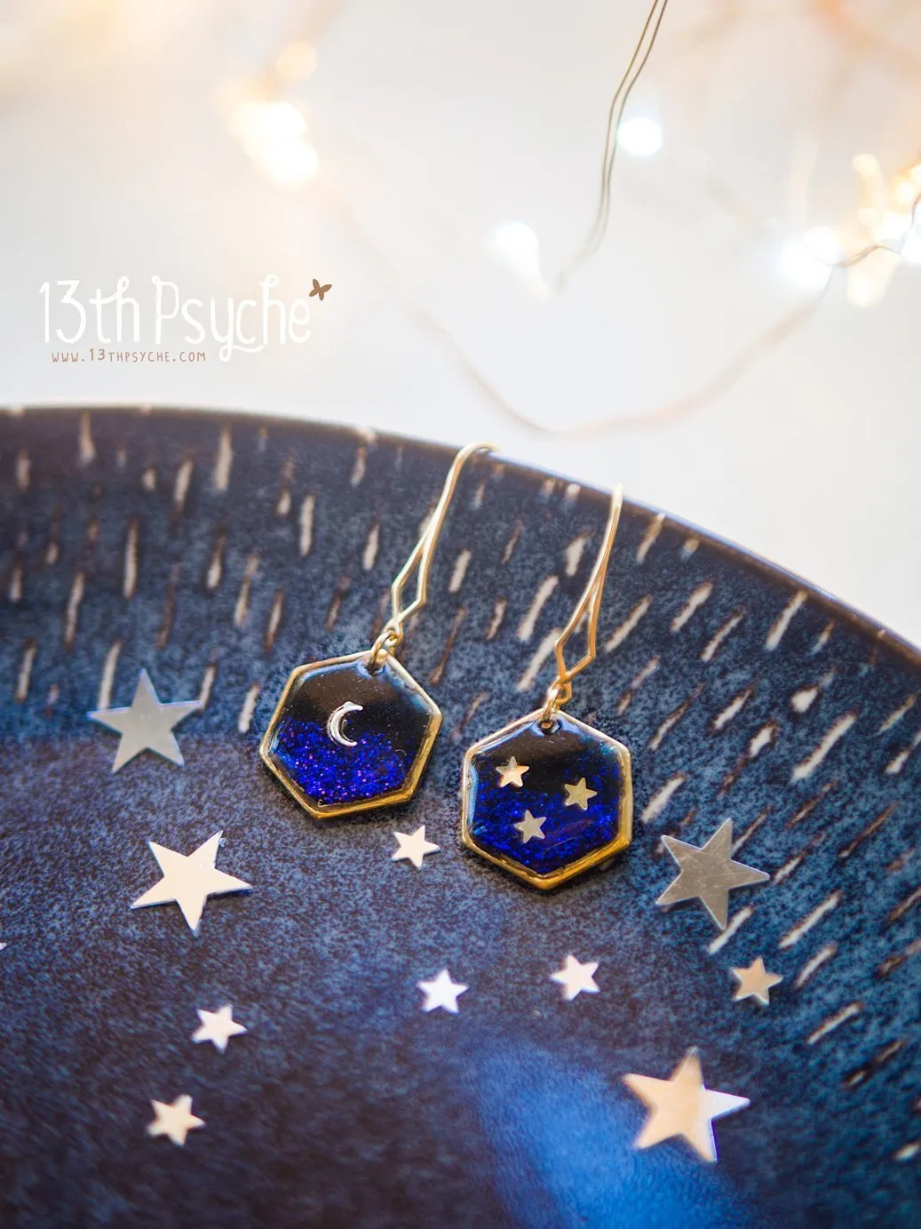 Gold moon and stars hexagon earrings