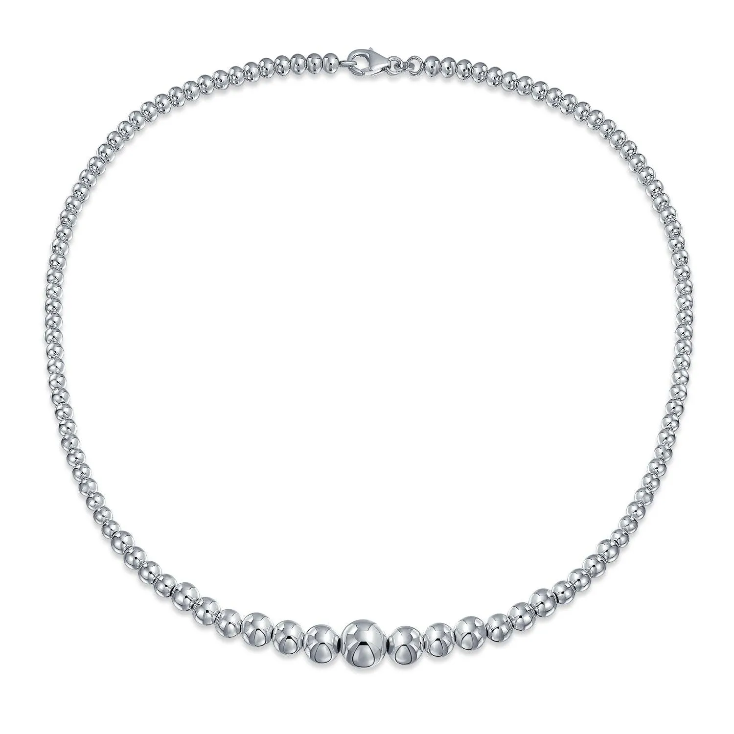 Graduated Round Bead Strand Ball Necklace Shinny .925Sterling Silver