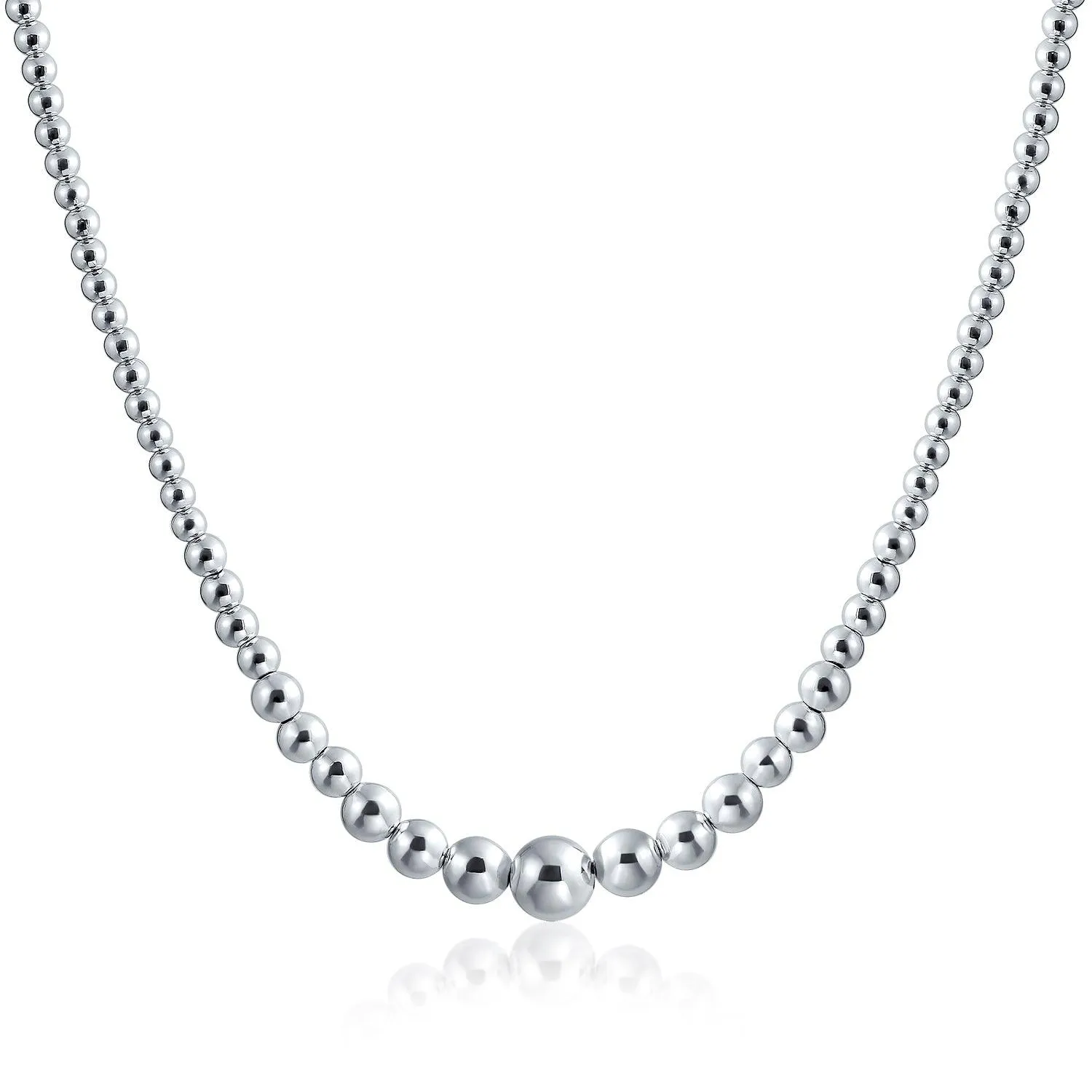 Graduated Round Bead Strand Ball Necklace Shinny .925Sterling Silver