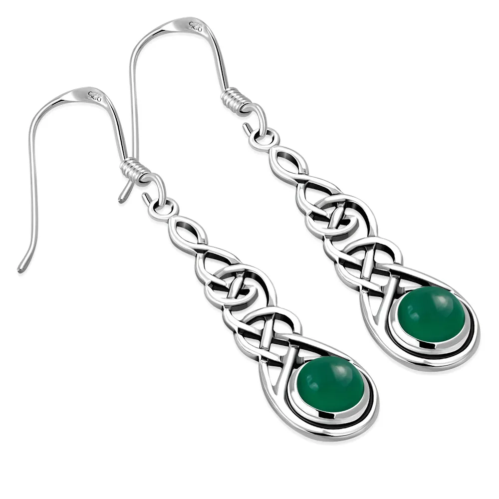 Green Agate Celtic Silver Long Drop Dangle Hook Earrings