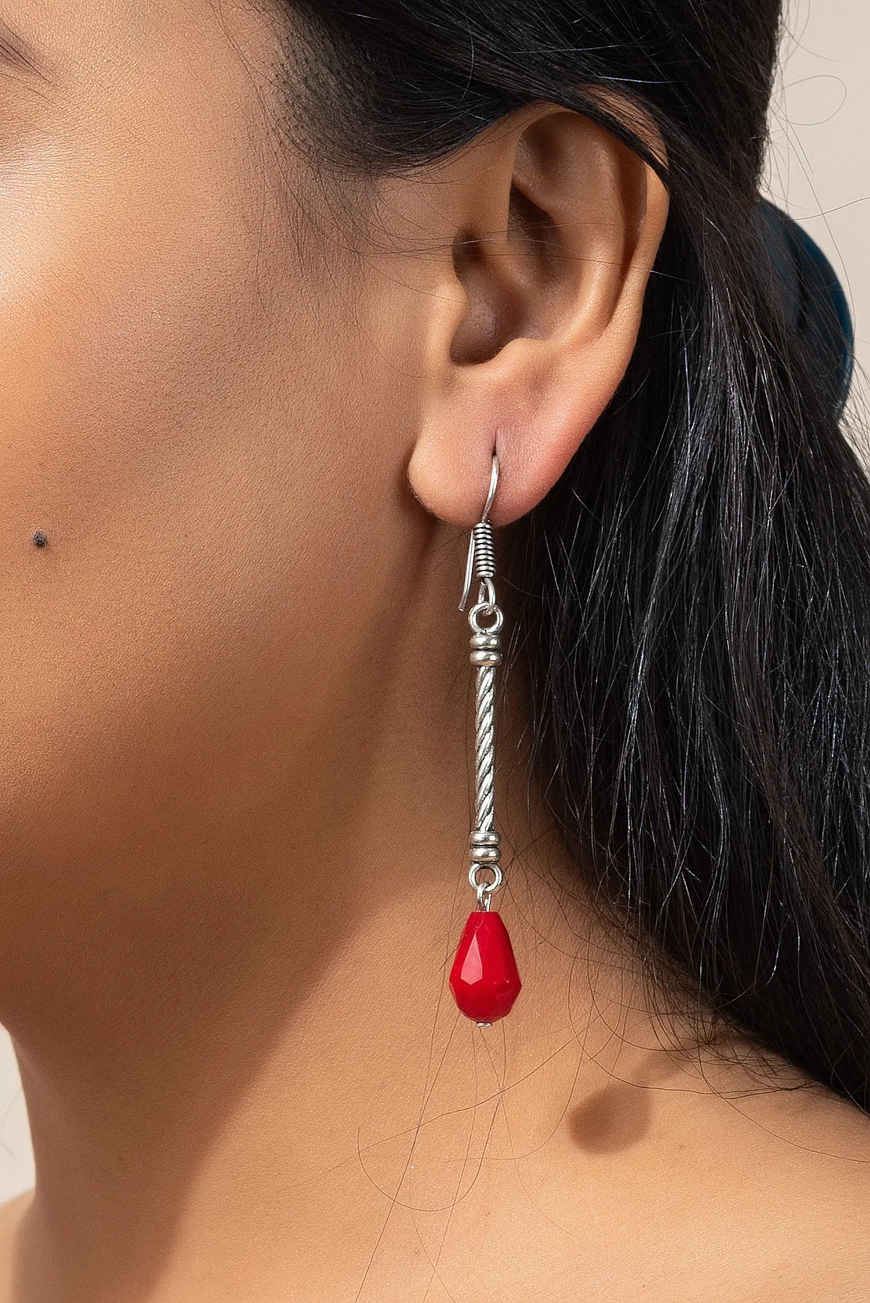 Handmade German Silver Dangler With Red Crystal Drop Earrings - Elegant & Non-Allergic Fashion Jewelry