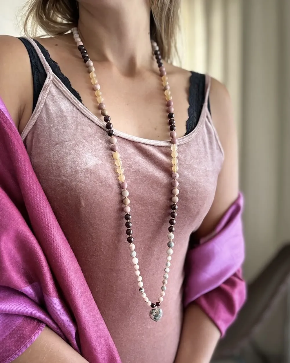 Heart coherence Gemstone Mala with Garnet, Citrine and Pink jasper