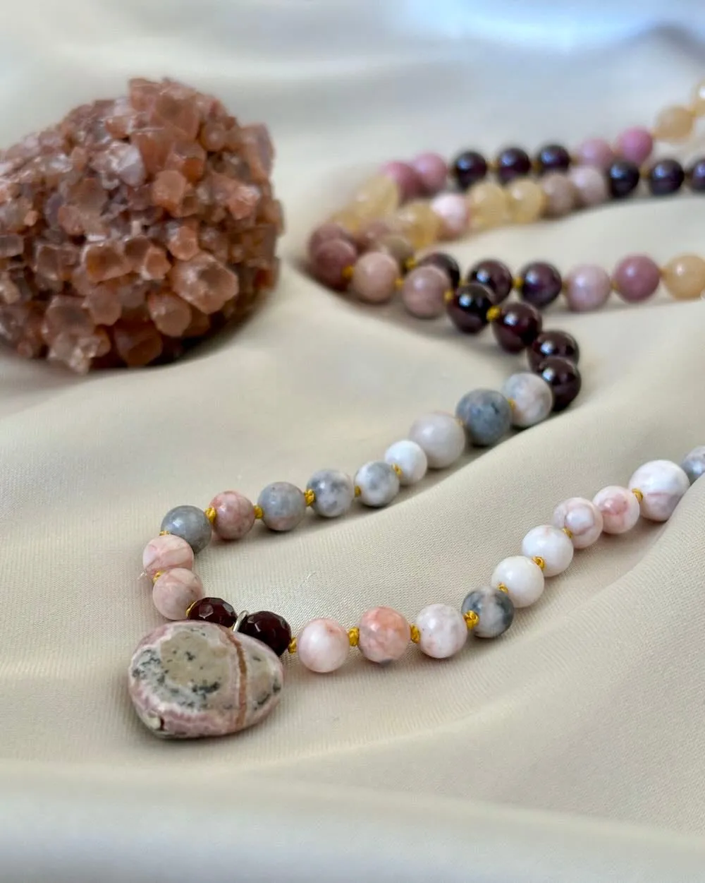 Heart coherence Gemstone Mala with Garnet, Citrine and Pink jasper