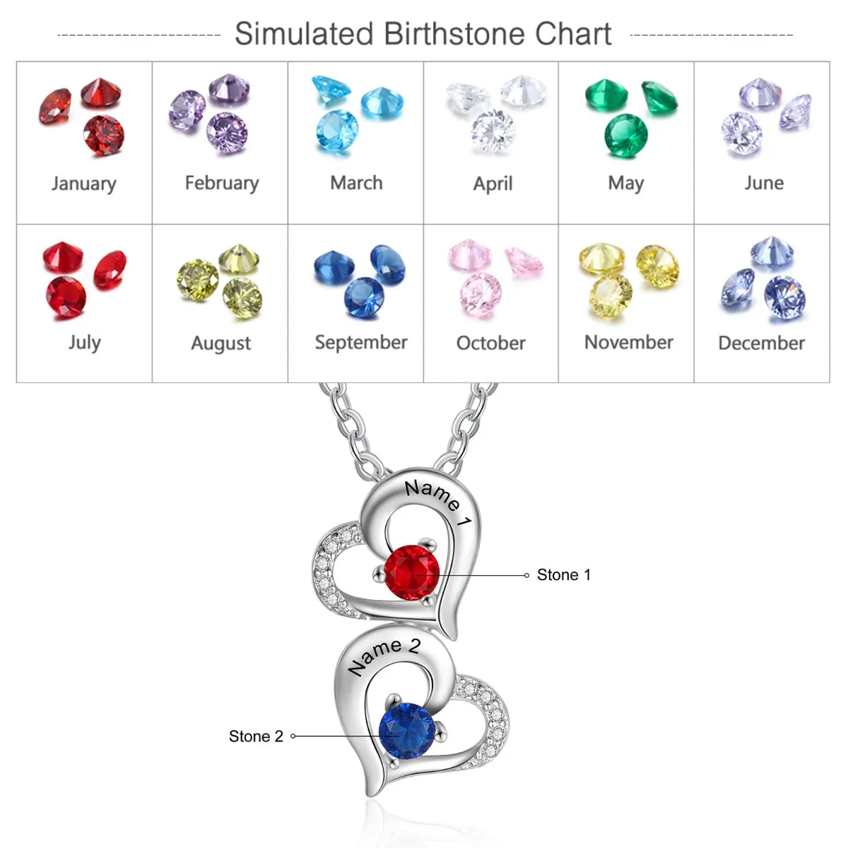 Hearts Pendant Necklace with Birthstones