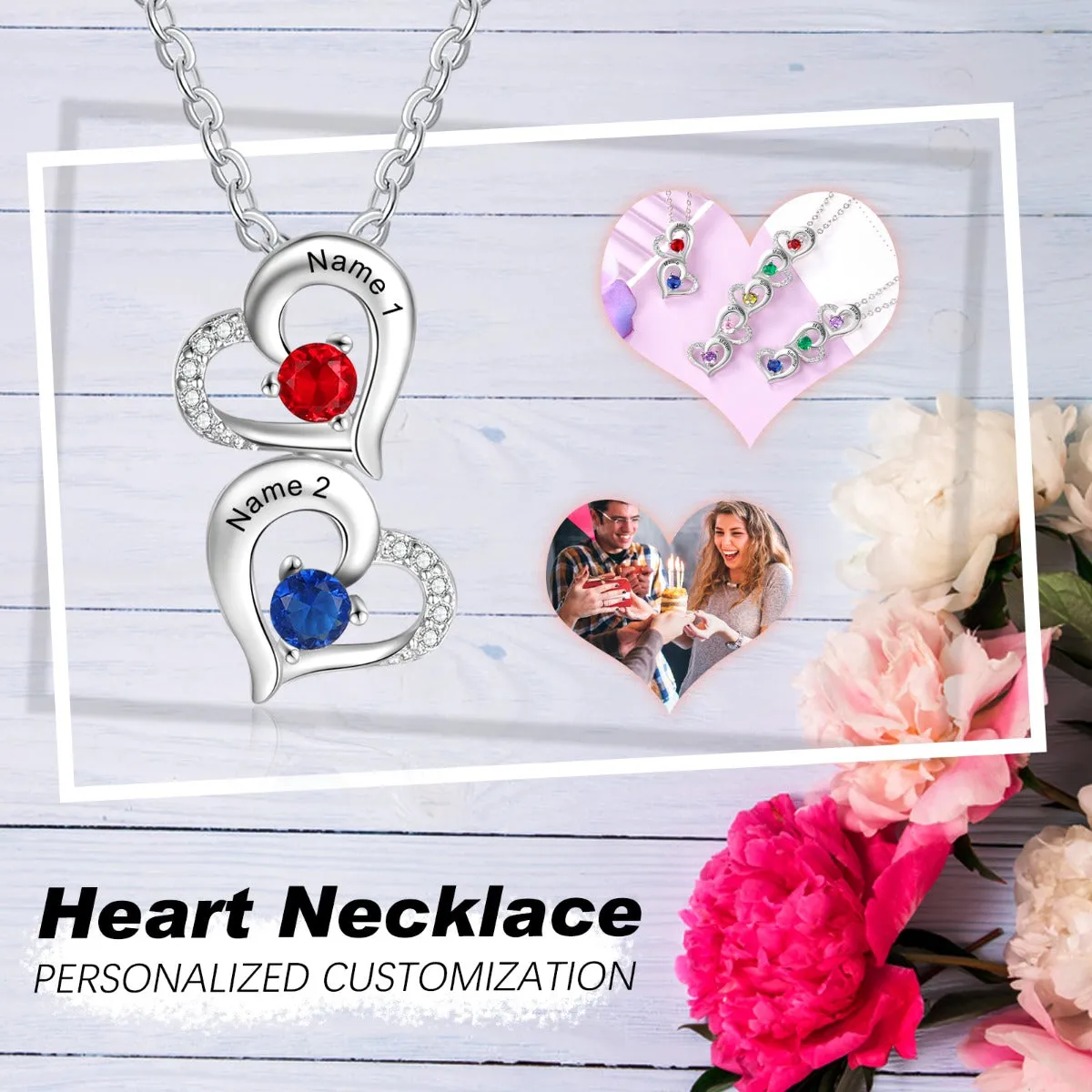 Hearts Pendant Necklace with Birthstones