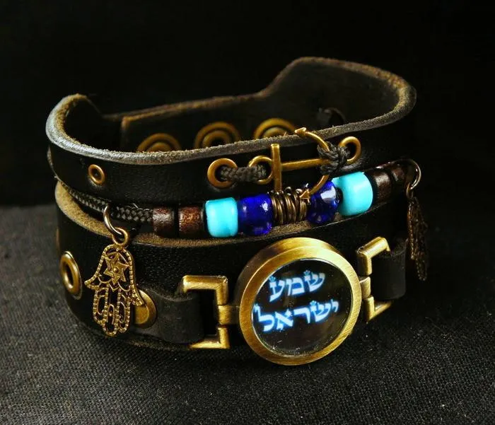 Hebrew Shema Yisrael Bracelet With Hamsa, Turquoise Glass Beads And Anchor