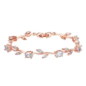 Kairangi Bracelet for Women & Girls White Crystal Bracelets for Women | Rose Leaf Shaped Rose Gold Plated Crystal Bracelet | Birthday Gift for Girls & Women Anniversary Gift for Wife