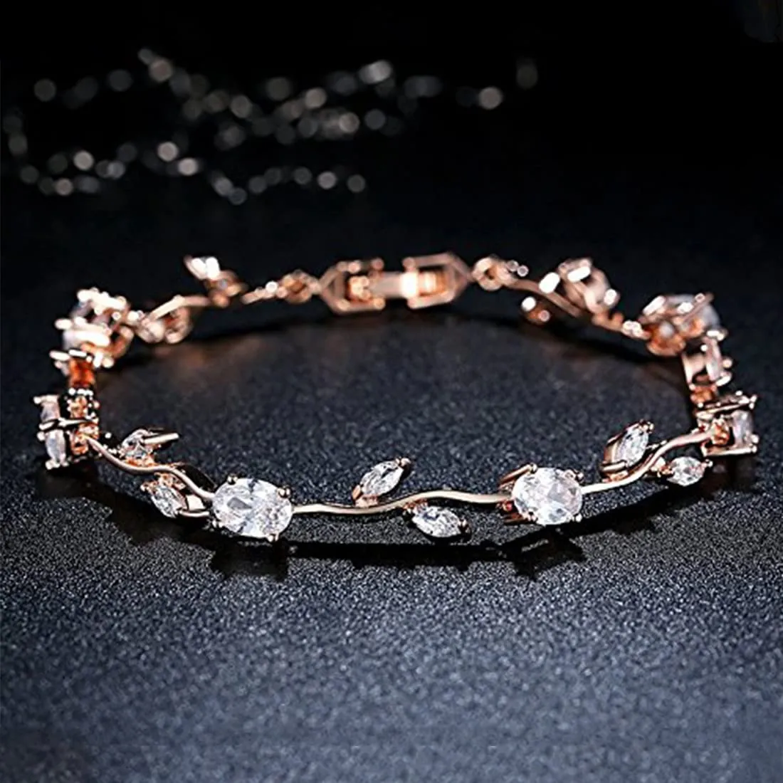 Kairangi Bracelet for Women & Girls White Crystal Bracelets for Women | Rose Leaf Shaped Rose Gold Plated Crystal Bracelet | Birthday Gift for Girls & Women Anniversary Gift for Wife