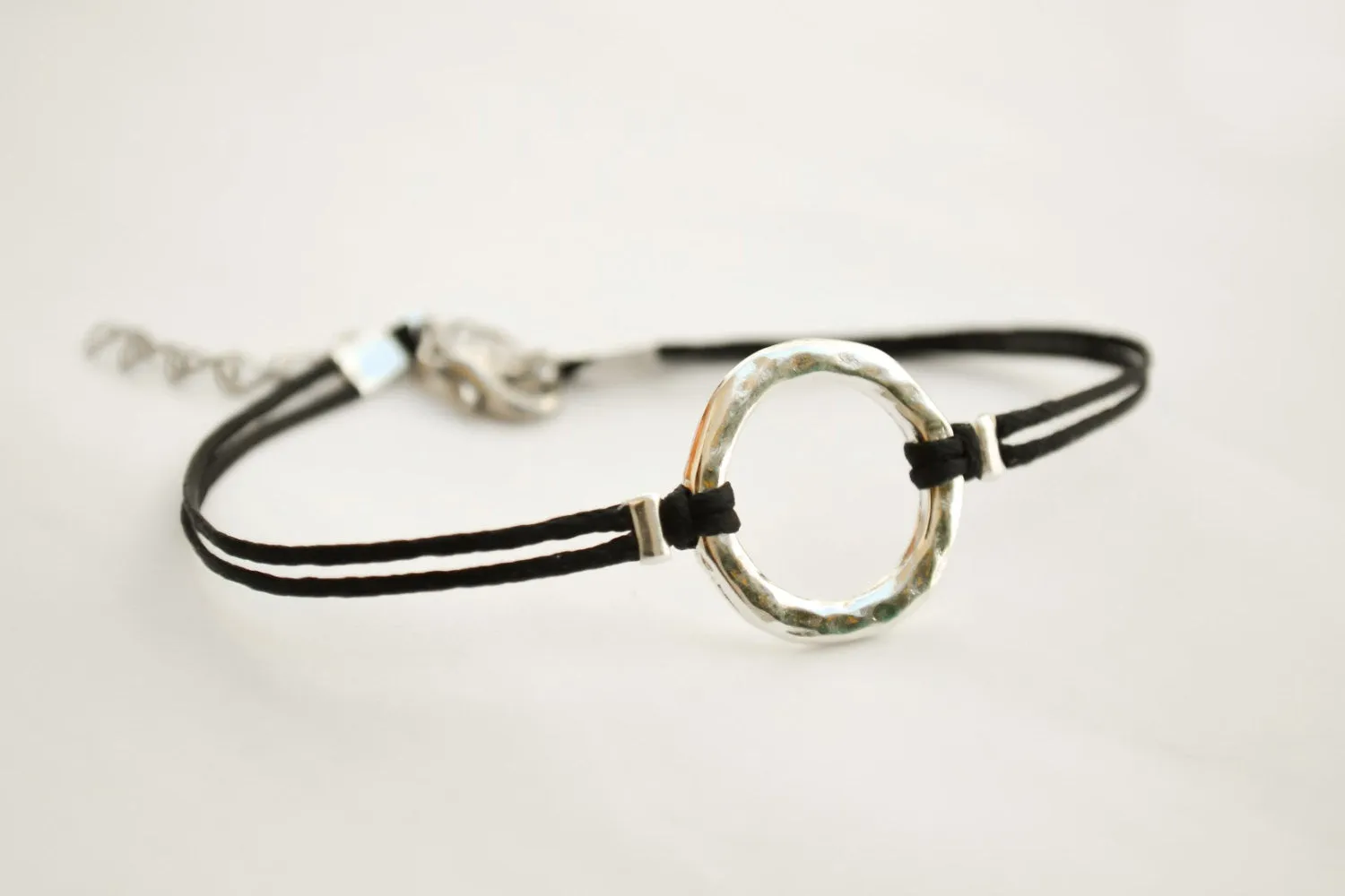 Karma bracelet, silver circle charm and black string, yoga gift for her