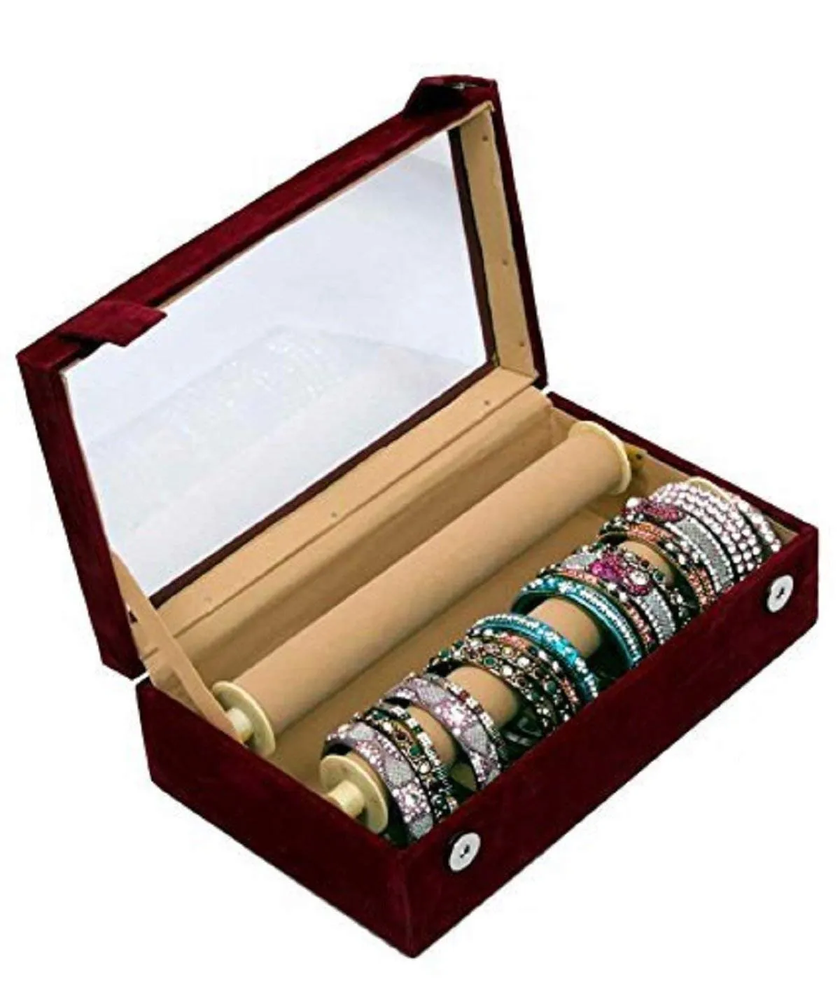 Kuber Industries Wooden 1 Piece Two Rod Transparent Velvet Bangle Storage Box, Maroon - CTKTC22793,Standard