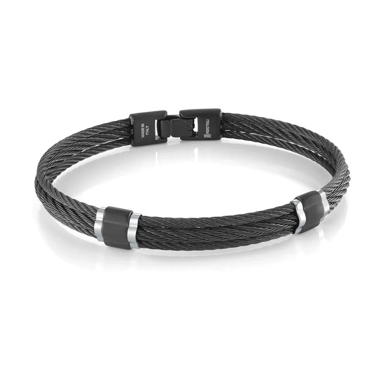 MEN'S BLACK STEEL THREE ROW CABLE BANGLE BRACELET