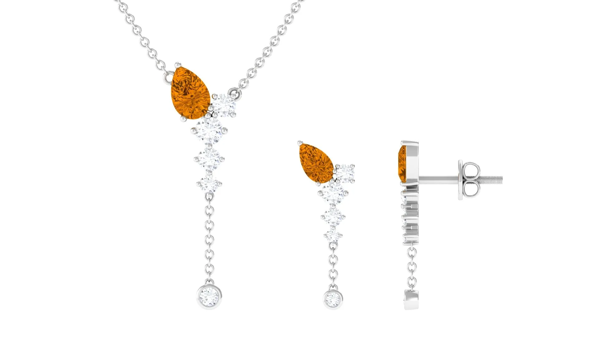 Minimal Citrine Dangle Necklace and Earrings Set in Gold with Moissanite