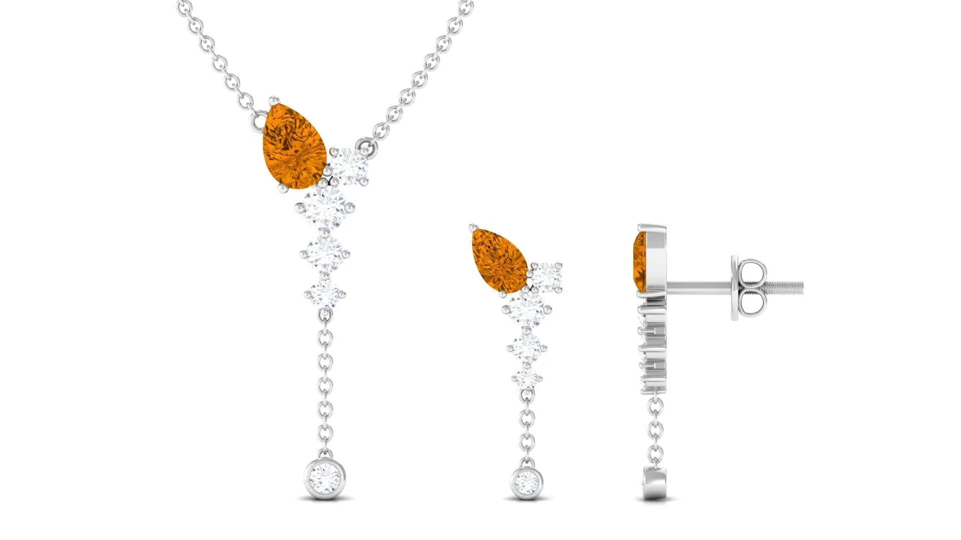 Minimal Citrine Dangle Necklace and Earrings Set in Gold with Moissanite