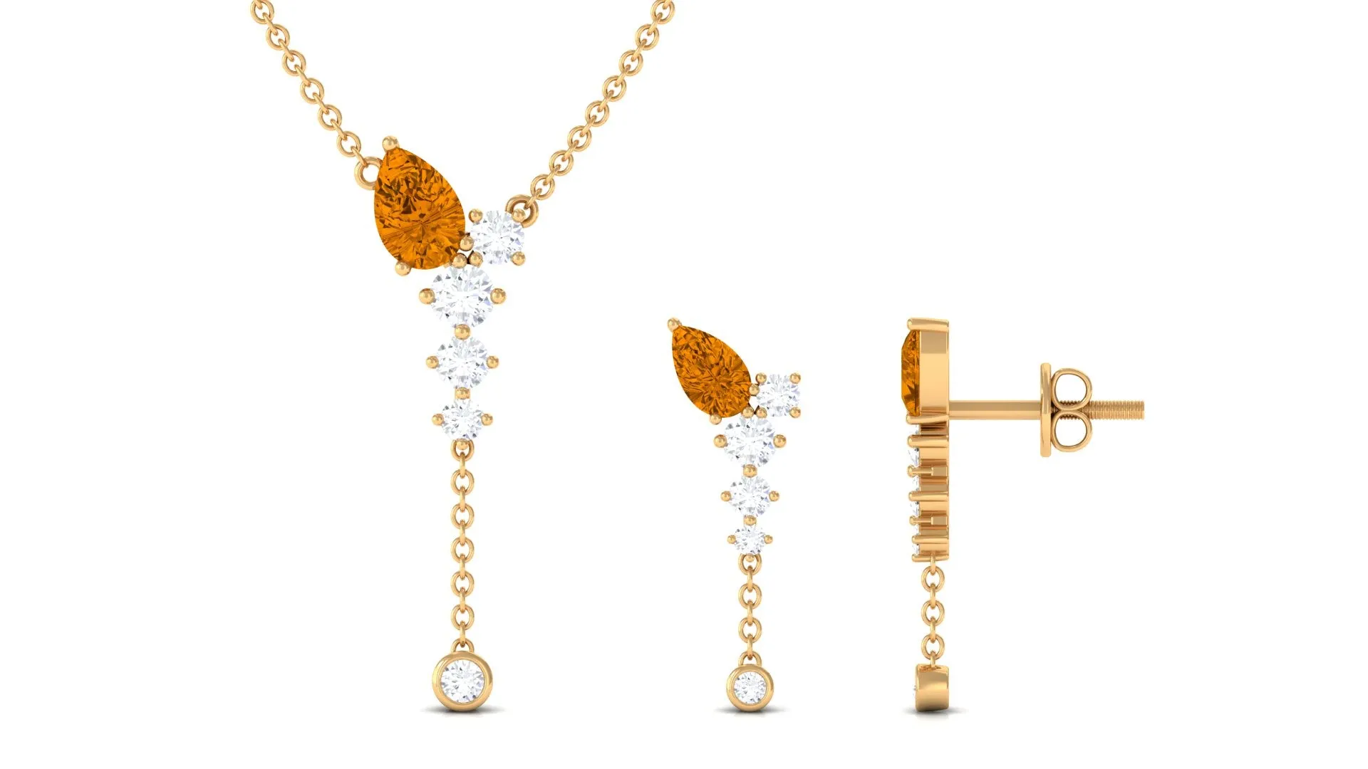 Minimal Citrine Dangle Necklace and Earrings Set in Gold with Moissanite