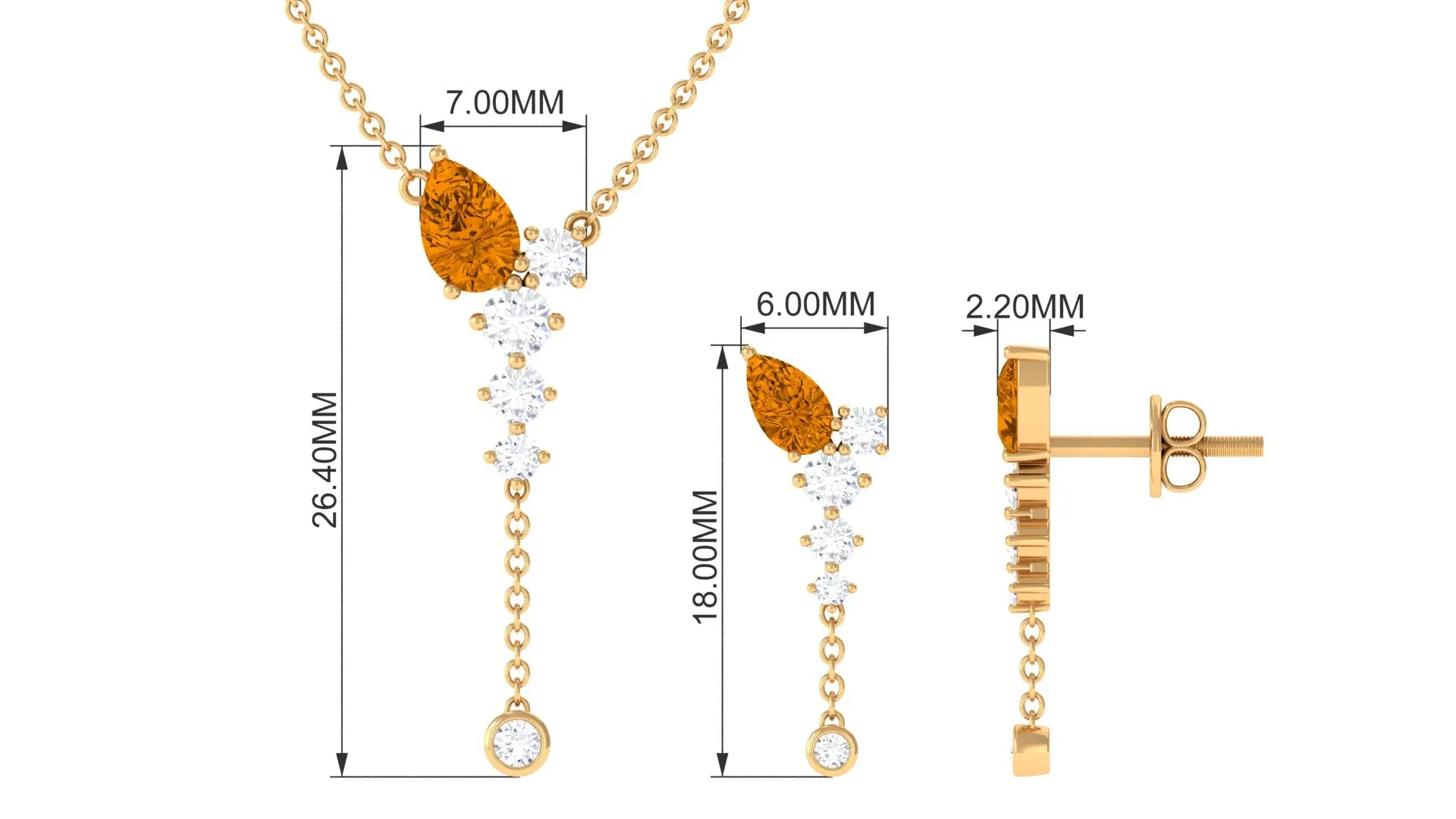 Minimal Citrine Dangle Necklace and Earrings Set in Gold with Moissanite