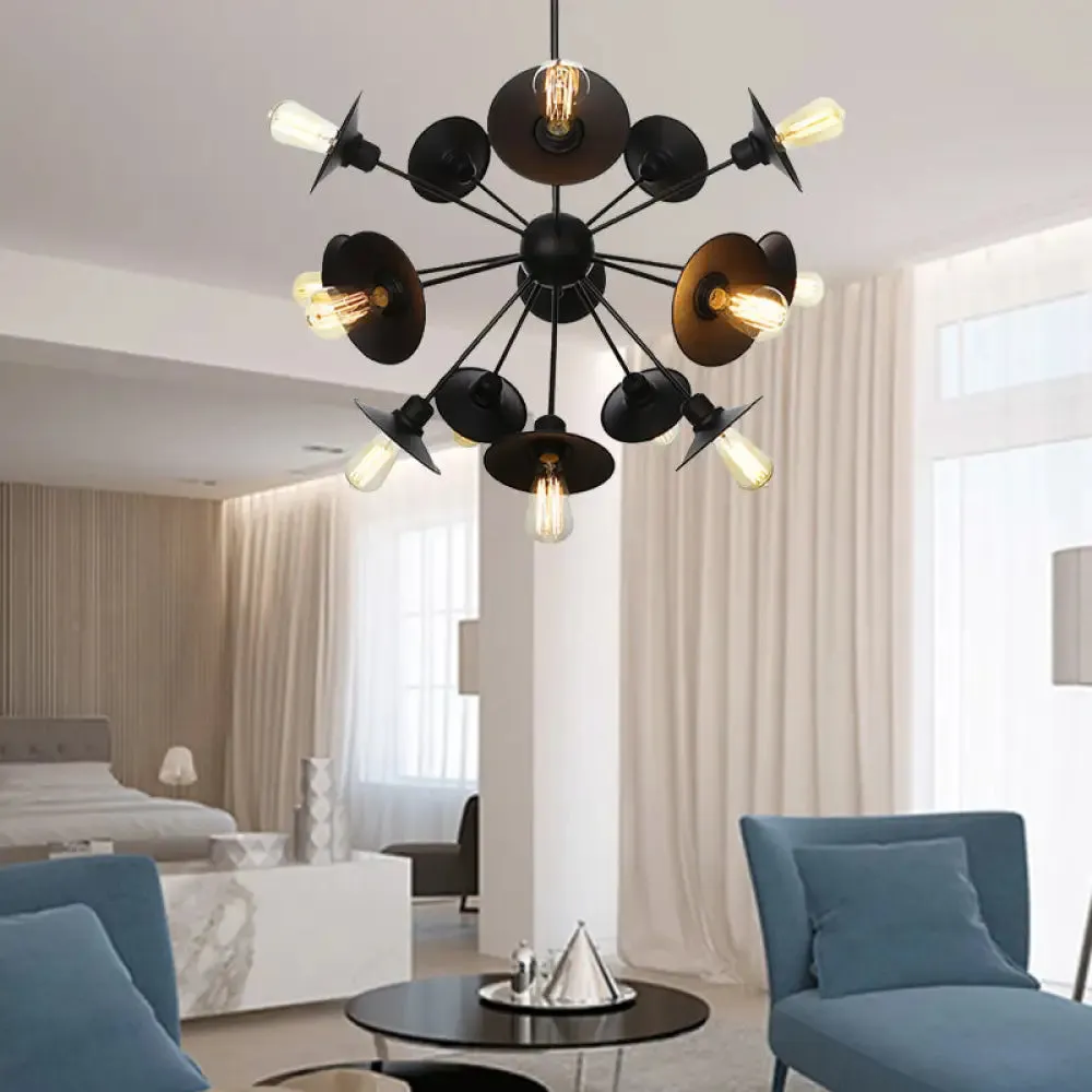 Modern Black Flare Shade Chandelier with Sputnik Design - 9/12/15 Light Fixture for Living Room Ceiling