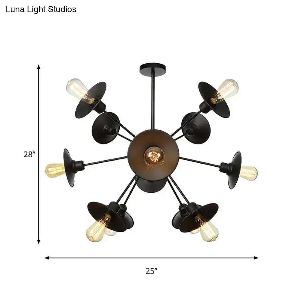 Modern Black Flare Shade Chandelier with Sputnik Design - 9/12/15 Light Fixture for Living Room Ceiling