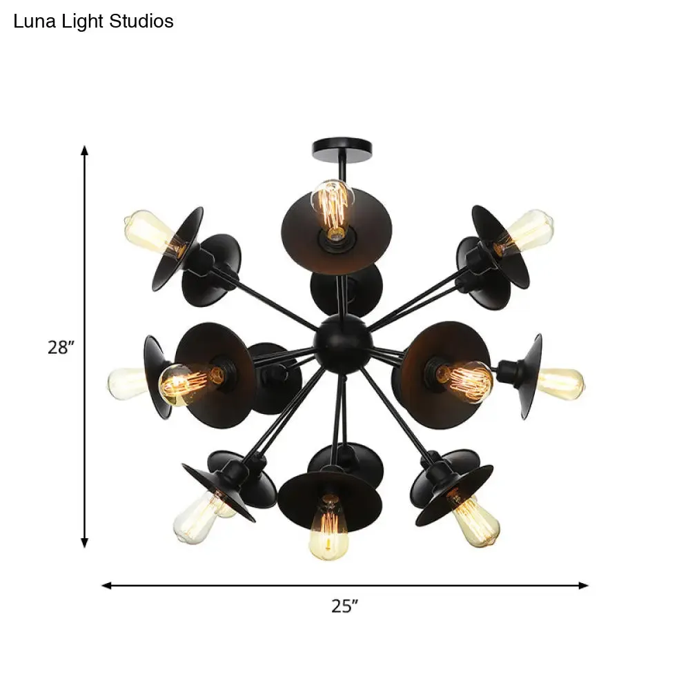 Modern Black Flare Shade Chandelier with Sputnik Design - 9/12/15 Light Fixture for Living Room Ceiling