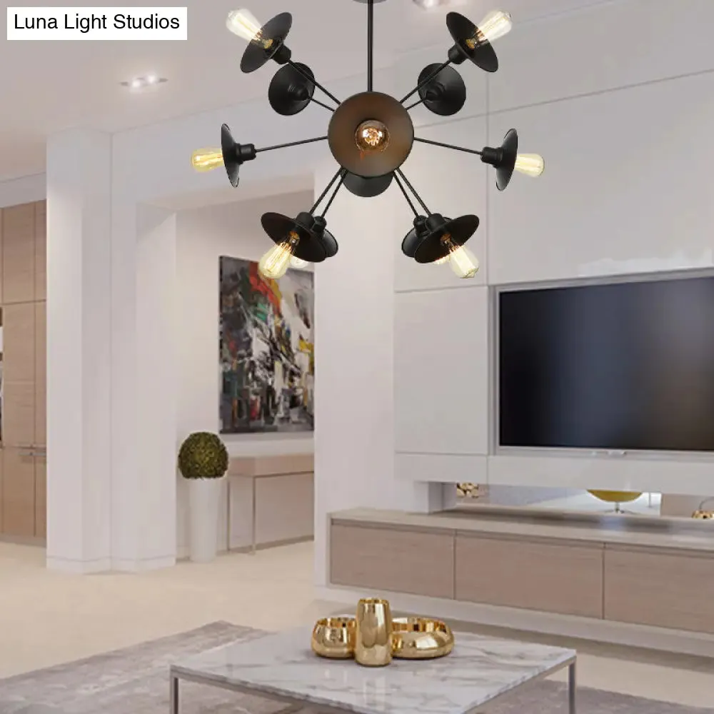 Modern Black Flare Shade Chandelier with Sputnik Design - 9/12/15 Light Fixture for Living Room Ceiling