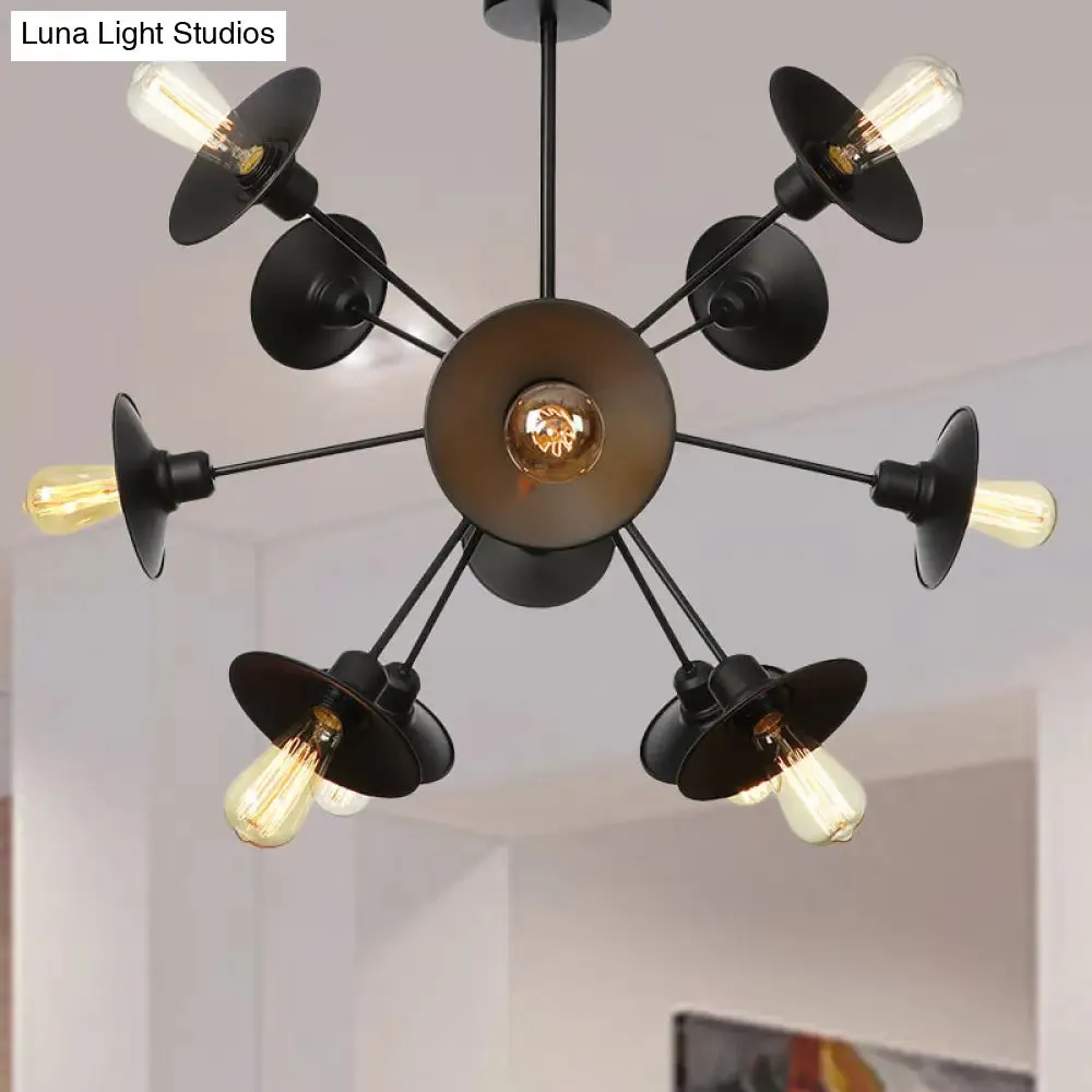 Modern Black Flare Shade Chandelier with Sputnik Design - 9/12/15 Light Fixture for Living Room Ceiling