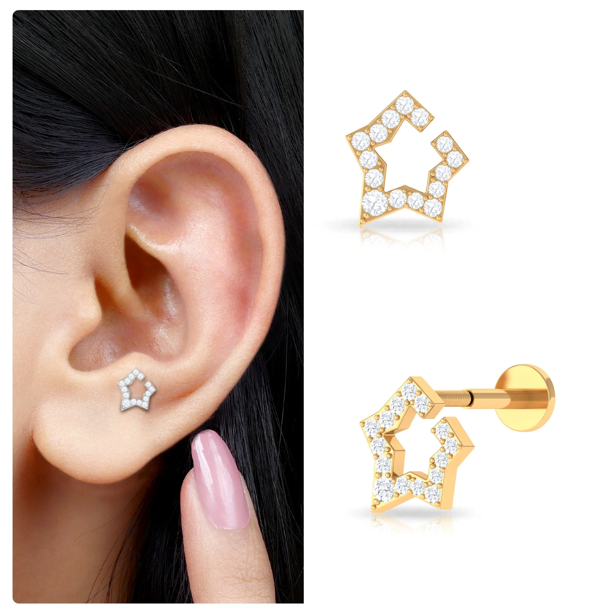 Moissanite Gold Star Unique Helix Earring in Pave Setting