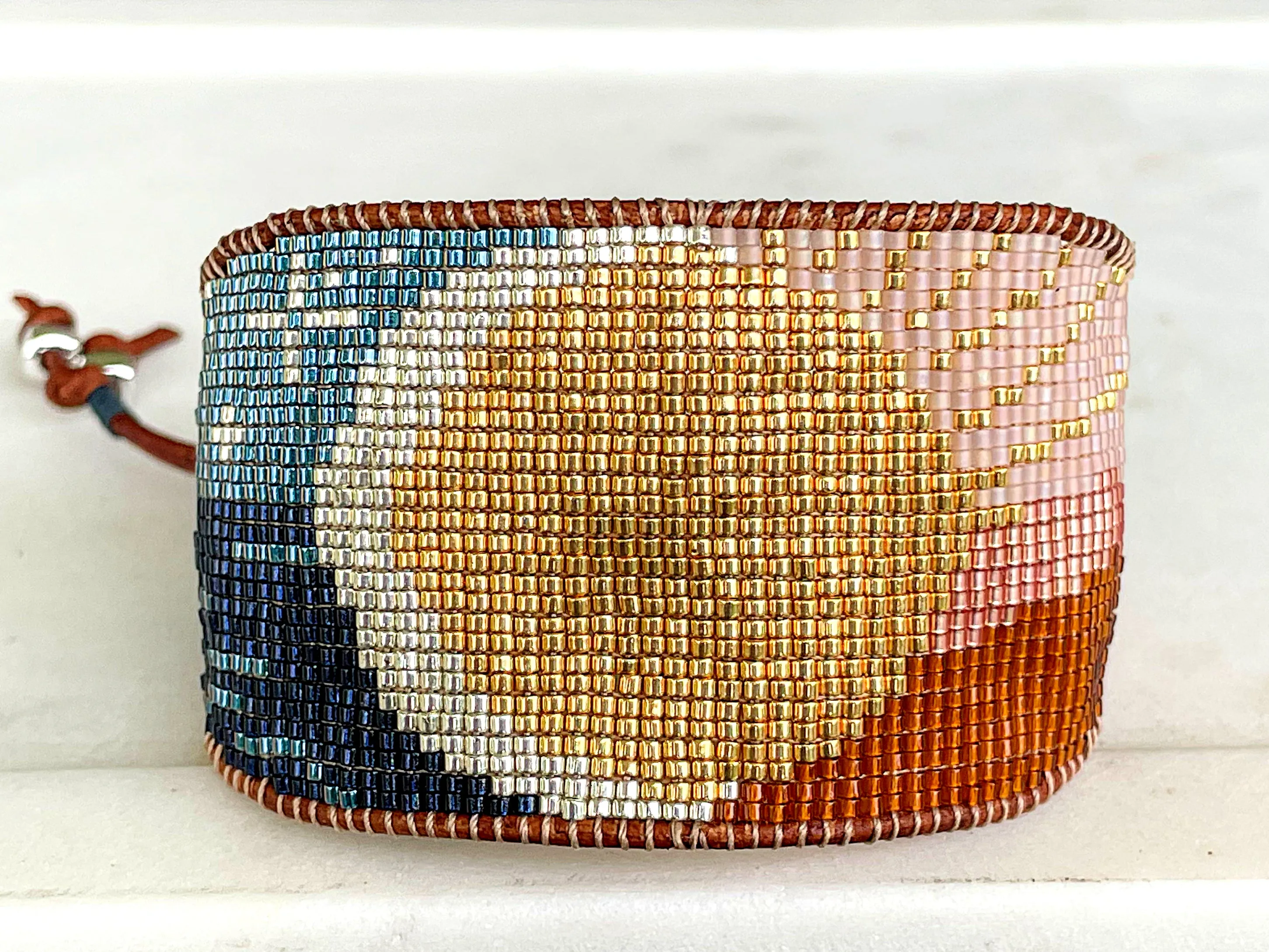 Moon and Sun Bead Loom Woven Cuff Bracelet with leather trim