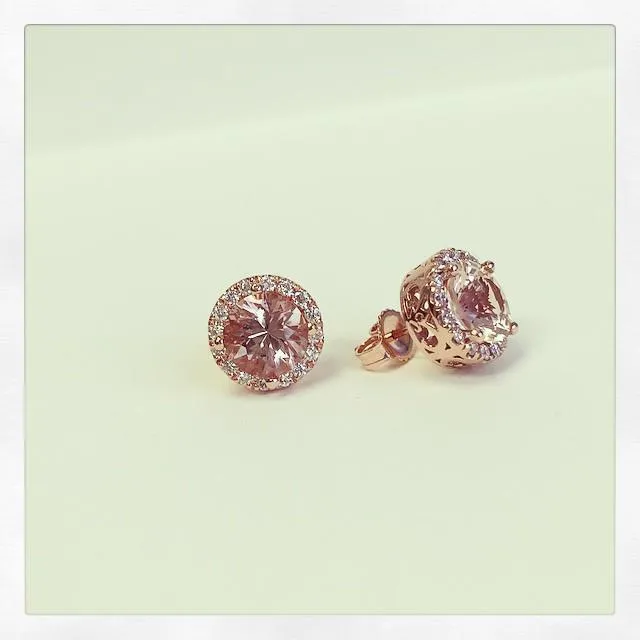 Morganite Diamond Halo Stud Earrings