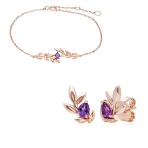 O Leaf Amethyst Amrband & Ohrring Satz in 9ct Rose Gold