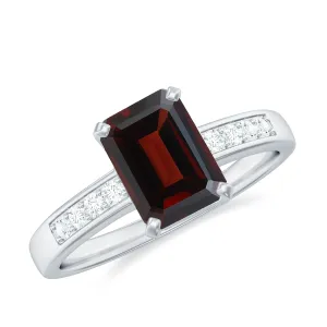 Octagon Cut Real Garnet Solitaire Ring with Diamond