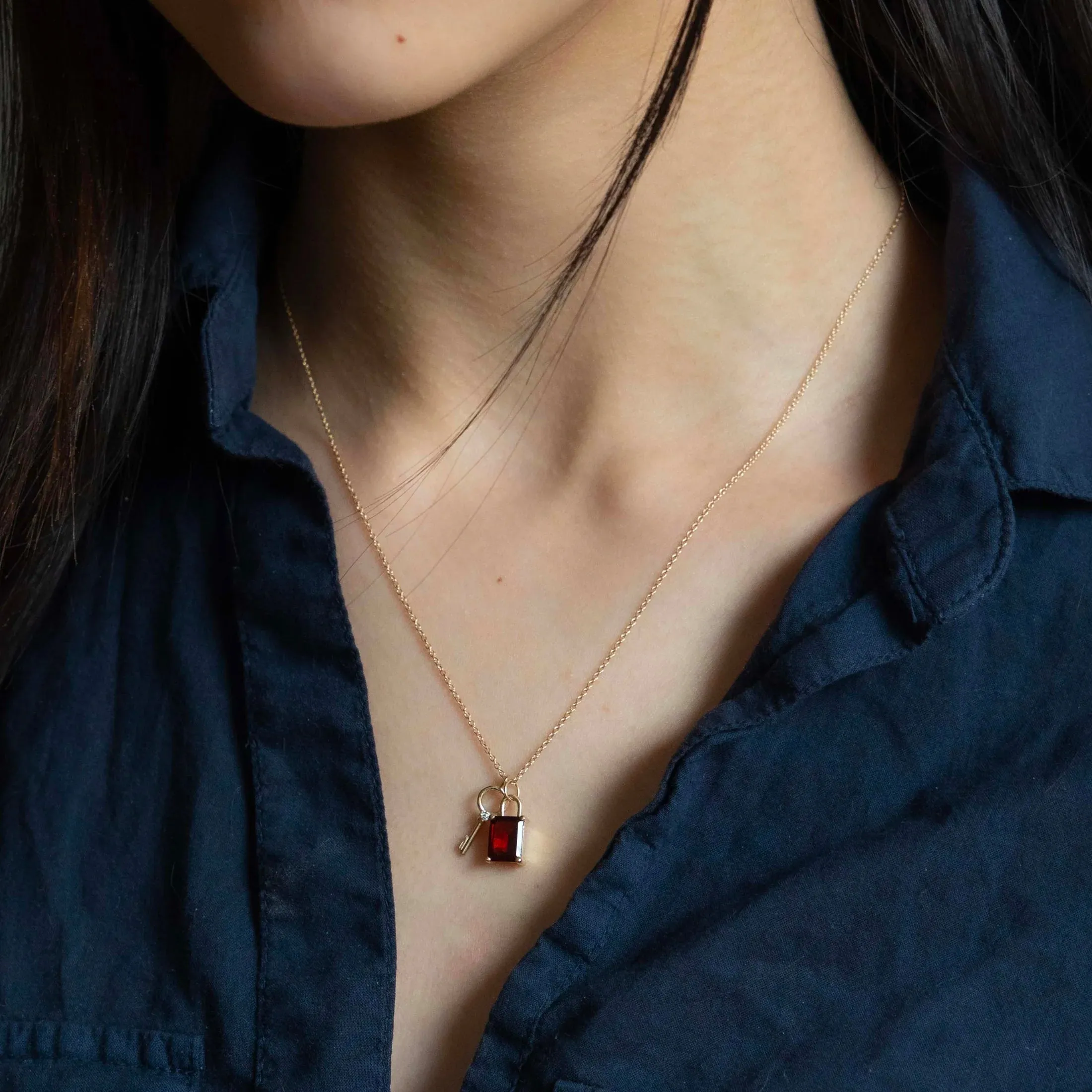 Padlock & Diamond Key Necklace With Garnet