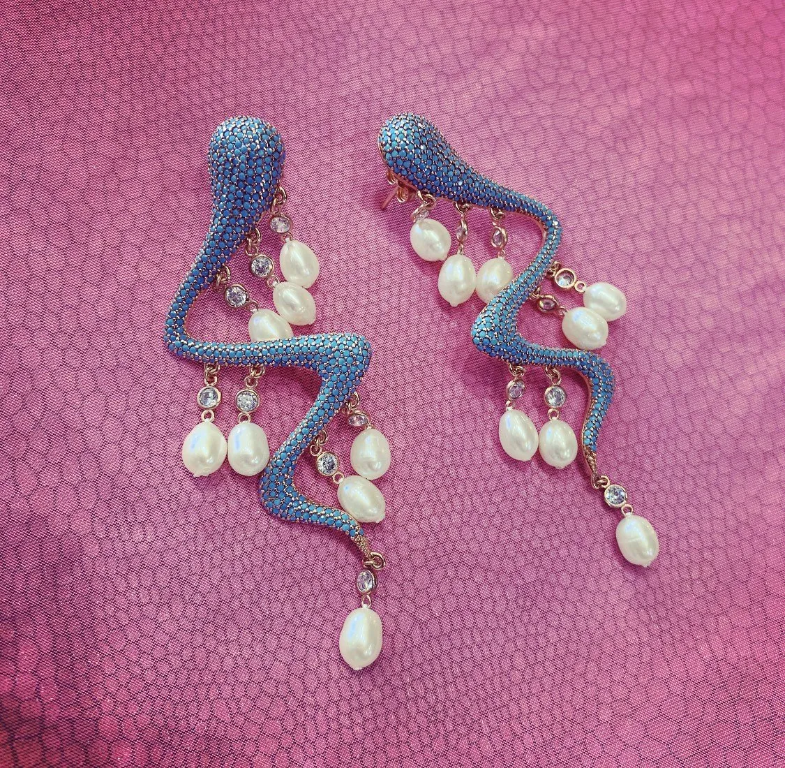 Pearl Drops Turquoise Blue Snake Earrings