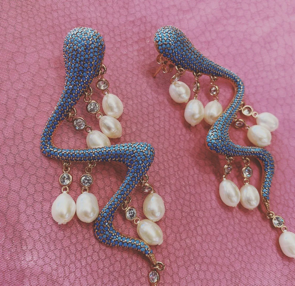 Pearl Drops Turquoise Blue Snake Earrings