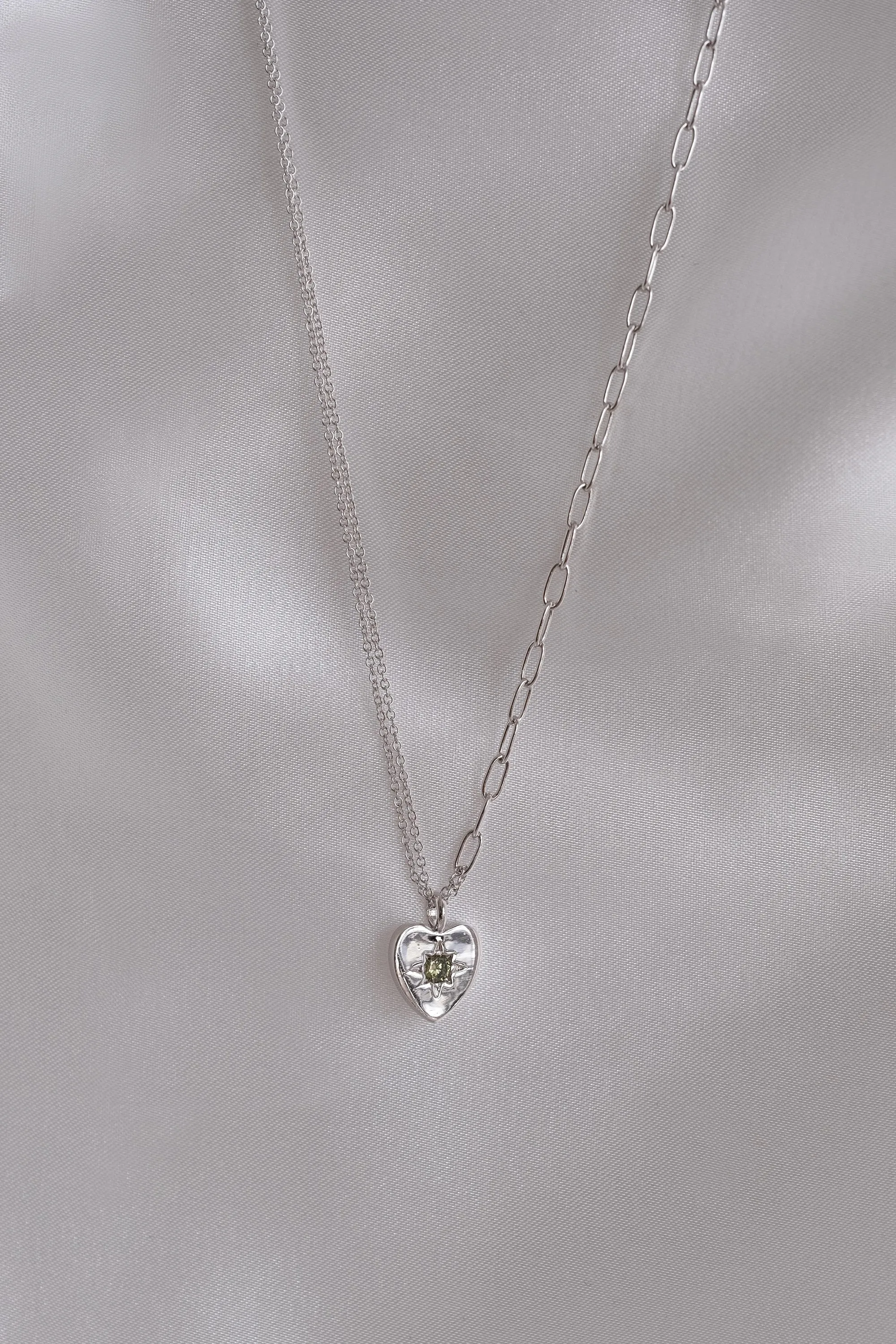 Peridot Heart Silver Double Chain Necklace