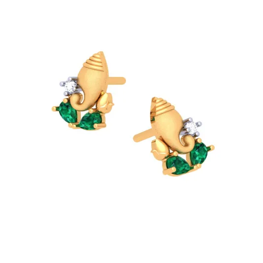 Precious 22k Ganesha Themed Gold Earrings Embellished With Green And Yellow Gemstones