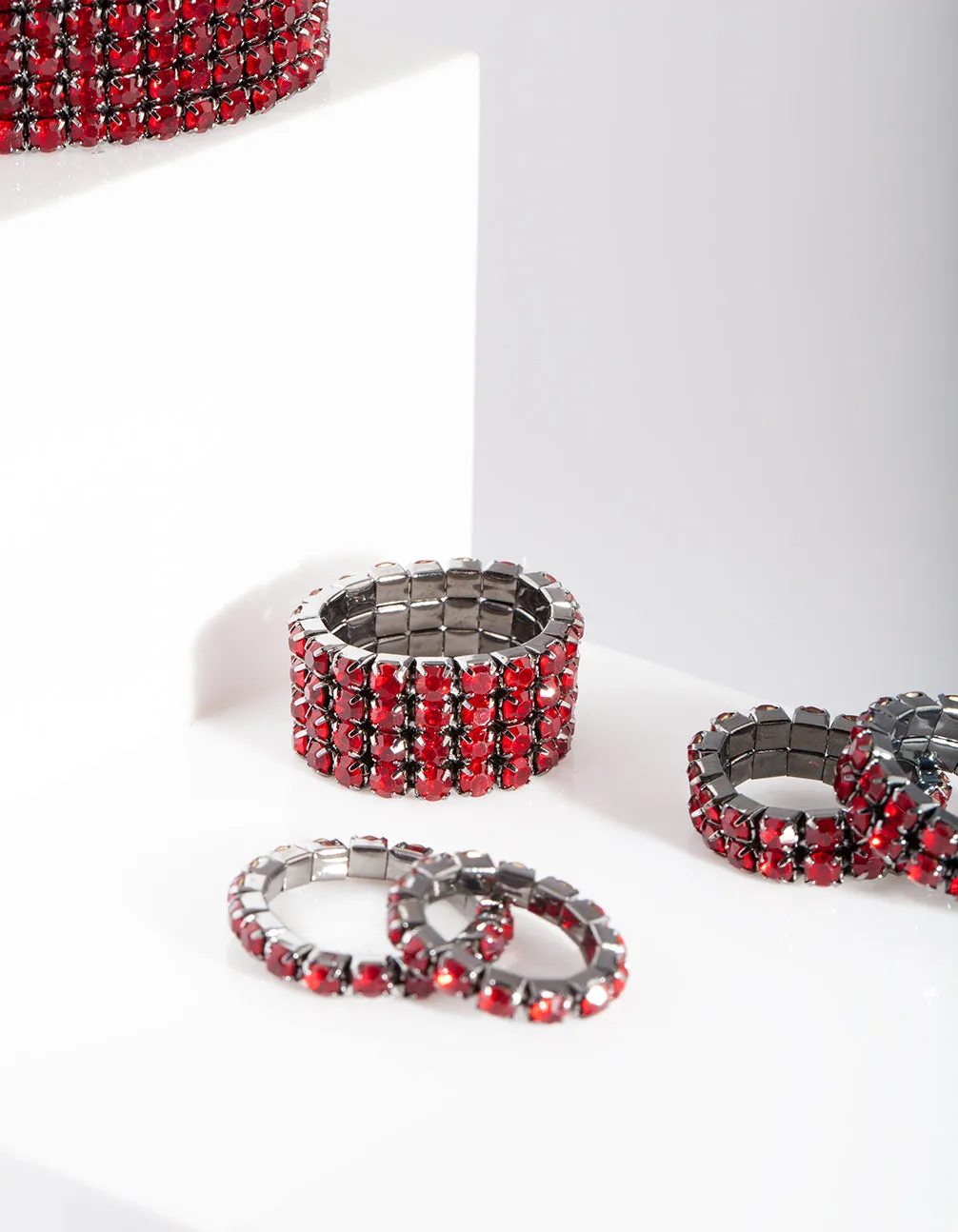 Red Diamante Ring Stretch Bangle Set