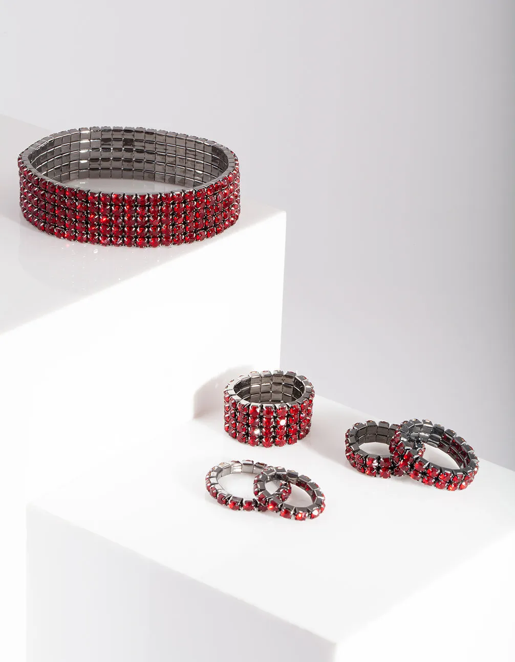 Red Diamante Ring Stretch Bangle Set