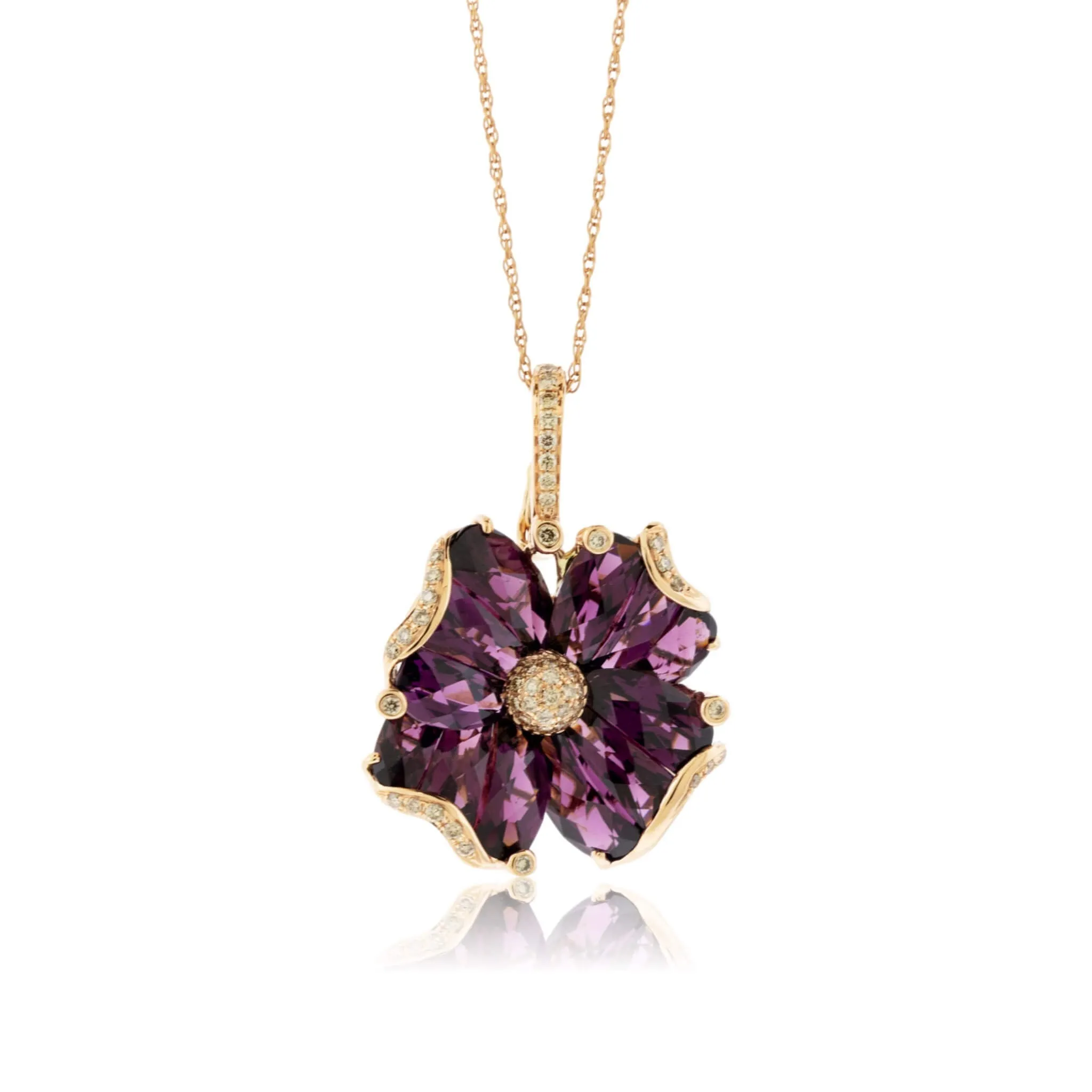 Rhodolite Garnet and Diamond Flower Style Drop Pendant