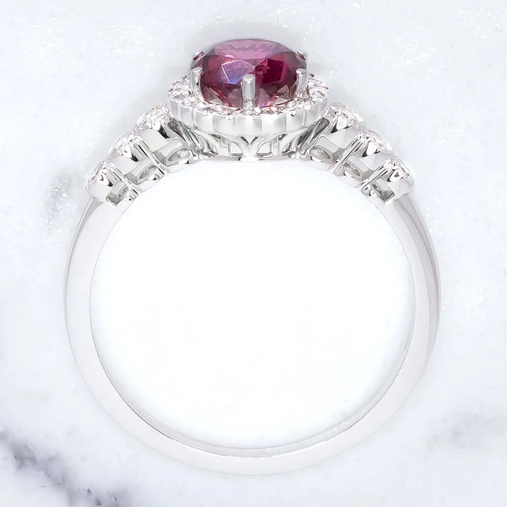 RHODOLITE GARNET NATURAL DIAMOND RING VINTAGE HALO WHITE GOLD PINK PURPLE ROUND