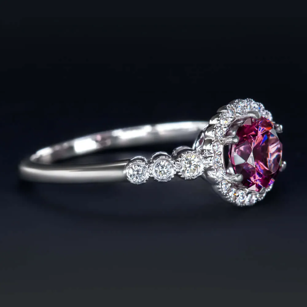 RHODOLITE GARNET NATURAL DIAMOND RING VINTAGE HALO WHITE GOLD PINK PURPLE ROUND