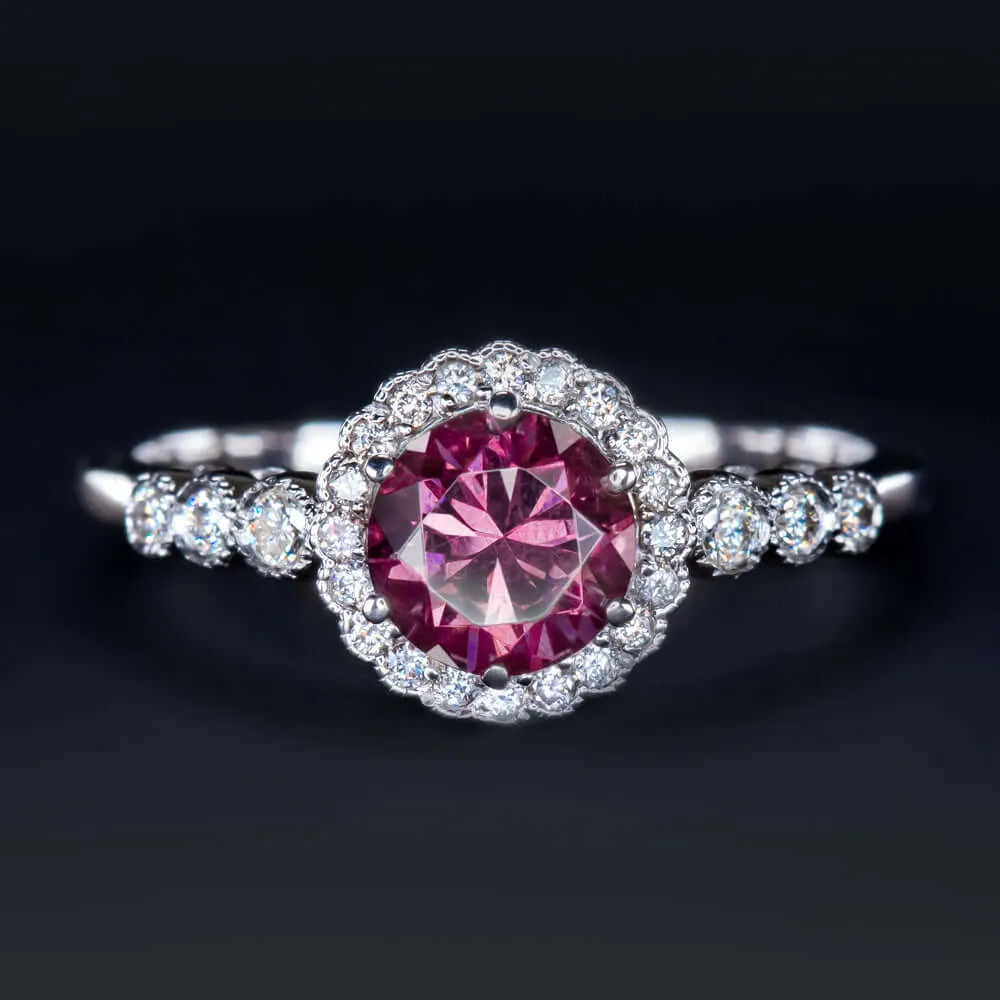 RHODOLITE GARNET NATURAL DIAMOND RING VINTAGE HALO WHITE GOLD PINK PURPLE ROUND