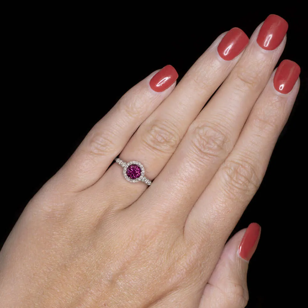 RHODOLITE GARNET NATURAL DIAMOND RING VINTAGE HALO WHITE GOLD PINK PURPLE ROUND