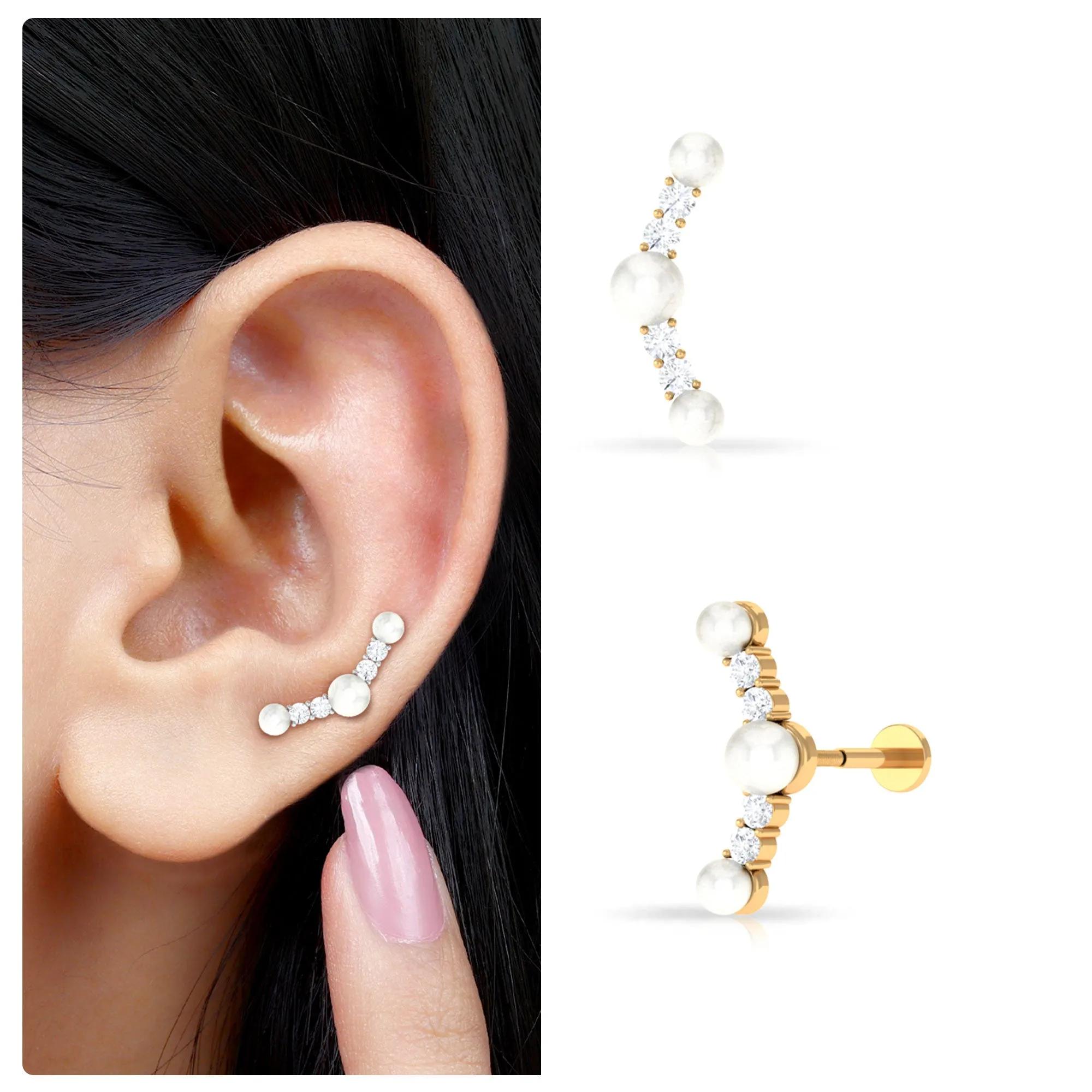 Round Freshwater Pearl and Moissanite Crawler Earring