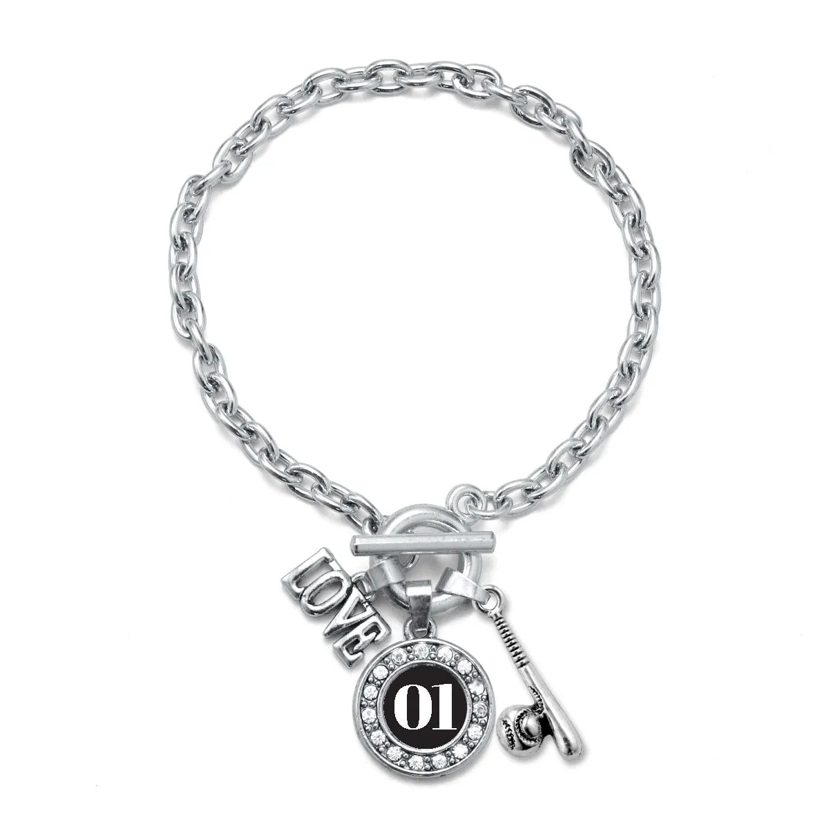 Silver Baseball Bat - Sports Number 01 Circle Charm Toggle Bracelet