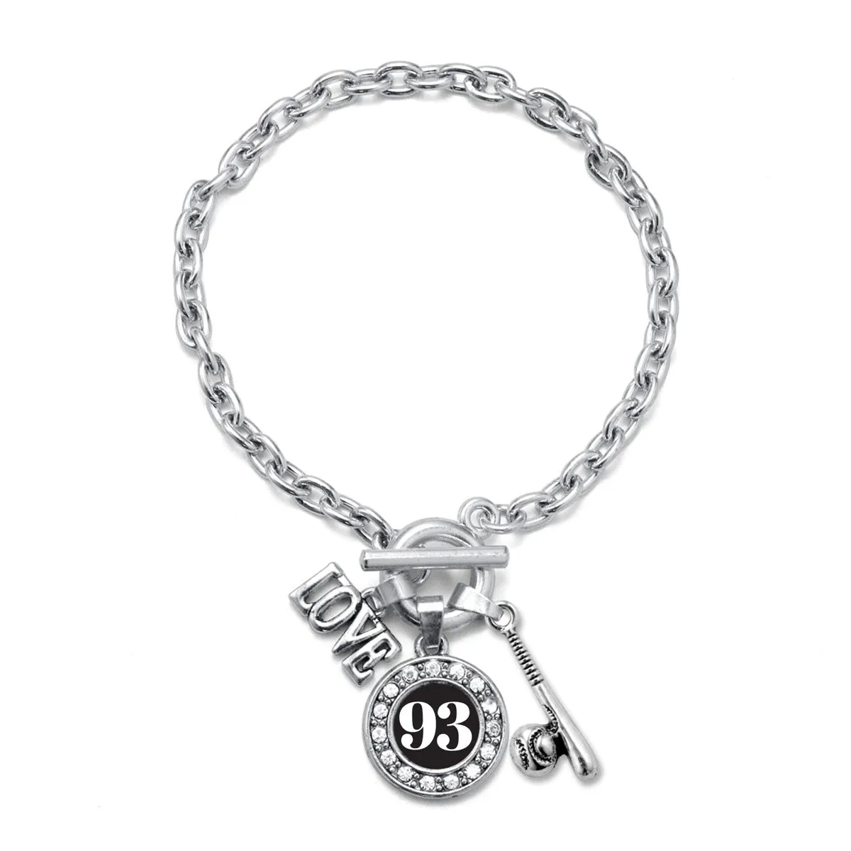 Silver Baseball Bat - Sports Number 93 Circle Charm Toggle Bracelet