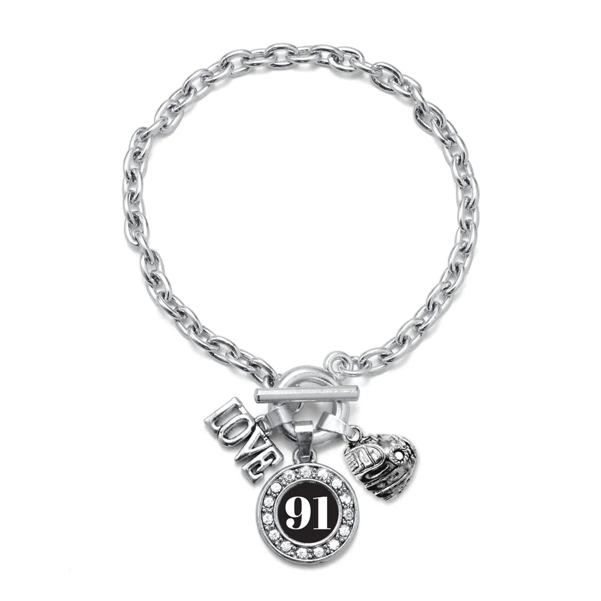 Silver Baseball Glove - Sports Number 91 Circle Charm Toggle Bracelet