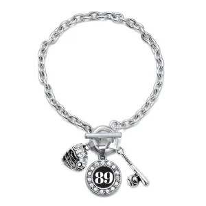 Silver Baseball/Softball - Sports Number 89 Circle Charm Toggle Bracelet