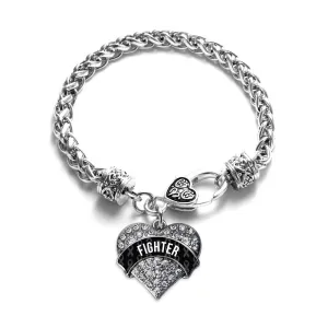 Silver Black Fighter Pave Heart Charm Braided Bracelet