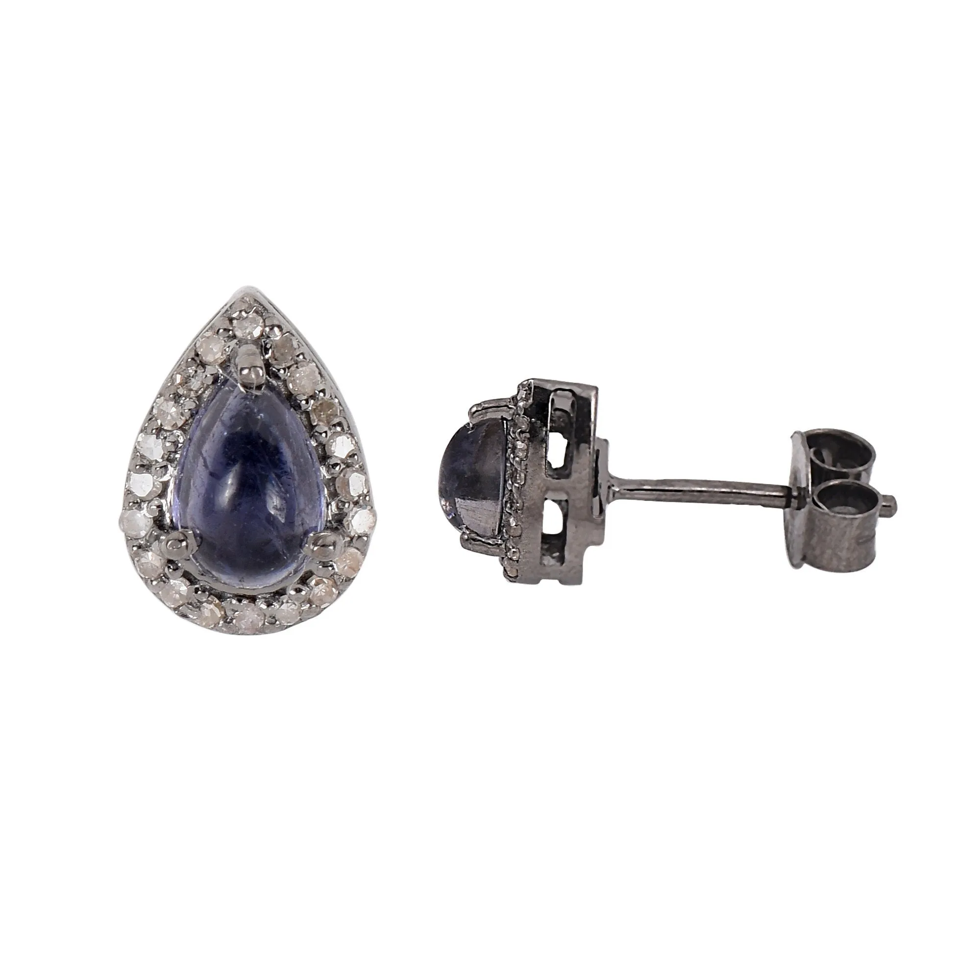 Silver Blue Iolite Halo Studs Earrings With Diamonds